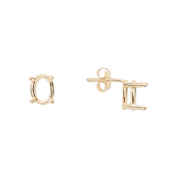 Earstud, Sure-Set™, 14Kt gold, 8x6mm with 4-prong oval basket setting. Sold per pair. image number 0
