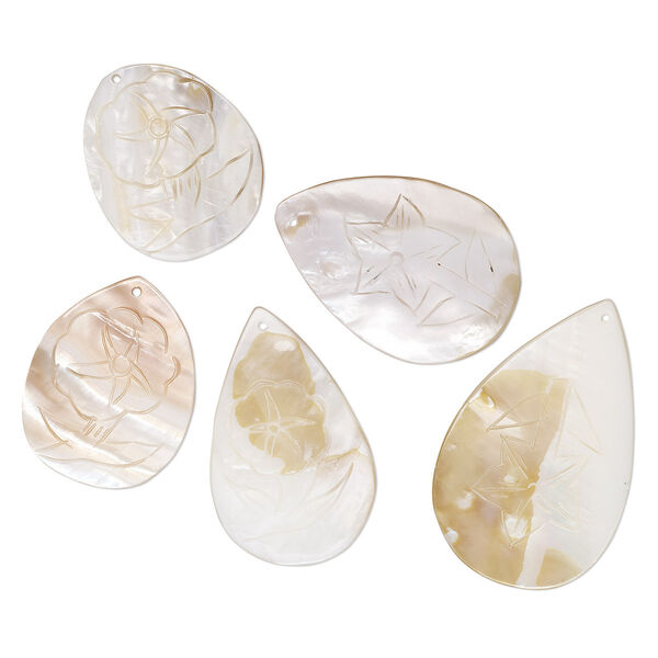 Focal mix, mother-of-pearl shell (natural), 41x29mm-60x38mm teardrop with carved flower design, Mohs hardness 3-1/2. Sold per pkg of 5. image number 0