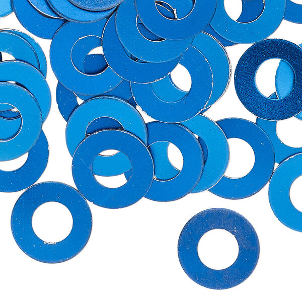 Washer, anodized aluminum, blue, 13mm double-sided flat round blank with 6mm hole, 20 gauge. Sold per pkg of 100. image number 0