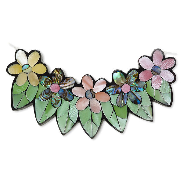 Focal, paua shell / common hammer oyster shell / resin (dyed / assembled), black, 3-1/4 x 1-1/2 inch single-sided flowers and leaves. Sold individually. image number 0
