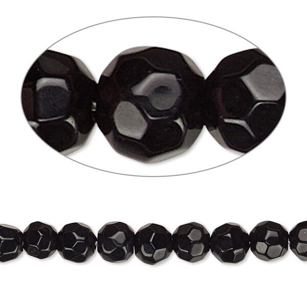 Bead, glass, opaque black, 5-6mm faceted round. Sold per 14-inch strand, approximately 60 beads. image number 0