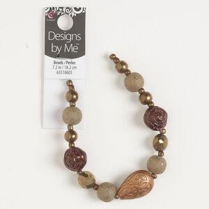Bead mix 1pkg1, glass and plastic, opaque bronze / copper / beige, 4x3mm-24x17mm mixed shapes, 7 inches.