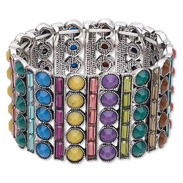 Bracelet, stretch, acrylic and silver-finished "pewter" (zinc-based alloy), multicolored, 38mm wide with rectangle and circle design, 6-1/2 inches. Sold individually. image number 0