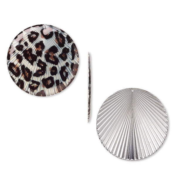 Focal, resin and silver-plated steel, black and brown, 40mm single-sided round with cheetah pattern and textured back. Sold individually. image number 0
