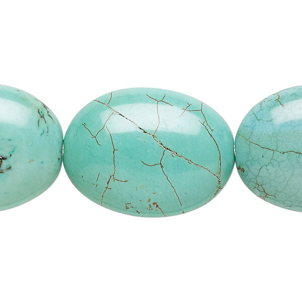 Bead, magnesite (dyed / stabilized), blue-green, 22x17mm-26x22mm puffed oval with 0.8-1.2mm hole, C grade, Mohs hardness 3-1/2 to 4. Sold per 15-1/2" to 16" strand. image number 0