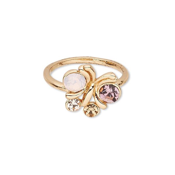 Ring, Czech glass rhinestone and gold-finished "pewter" (zinc-based alloy), pink / purple / light yellow, 15x14mm butterfly, size 8. Sold individually. image number 0