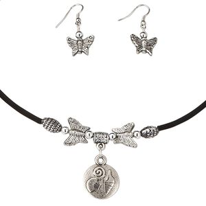 Necklace, bracelet and earring set, velveteen / steel memory wire / steel / silver-coated acrylic, black, 16x14mm butterfly and 20mm flat round, adjustable, fishhook ear wire. Sold per set.