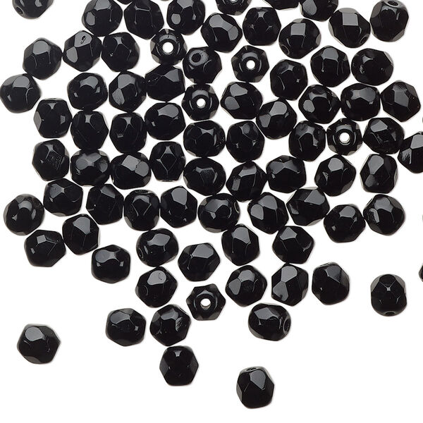 Bead 1pkg100 Czech fire-polished glass, 4mm faceted round, opaque jet black image number 0