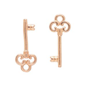 Charm, "pewter" (zinc-based alloy), pkg/2, rose gold finish, 27x11mm double-sided key.