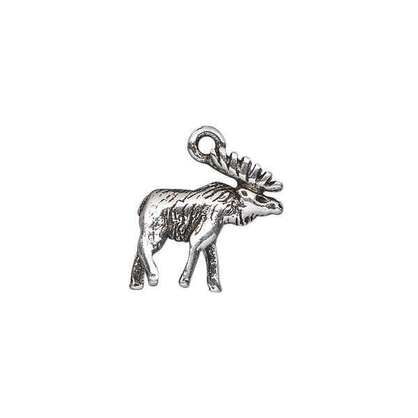 Charm, antique silver-plated pewter (tin-based alloy), 16x16mm double-sided moose. Sold individually. image number 0