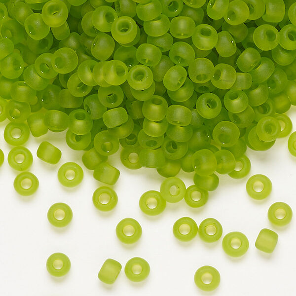Seed bead, Dyna-Mites™, glass, transparent matte light green, #6 round. Sold per 40-gram pkg. image number 0