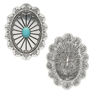 Button, "turquoise" (resin) (imitation) and antique silver-finished "pewter" (zinc-based alloy), turquoise blue, 44x32mm single-sided concho. Sold individually.