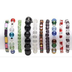 Bracelet mix, stretch, glass, multicolored, 5mm-14x10mm multi-shape, 6 inches. Sold per pkg of 10.