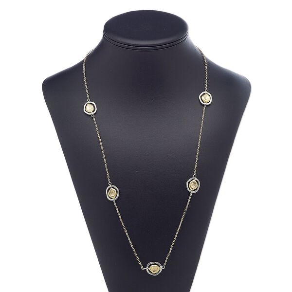 Necklace, imitation rhodium-plated "pewter" (zinc-based alloy) / gold-finished brass / steel / "pewter" (zinc-based alloy), 16x14mm open freeform oval with flat nugget, 36 inches with 3-inch extender chain and lobster claw clasp. Sold individually. image number 0