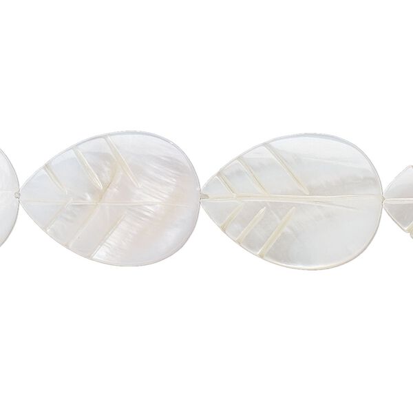 Bead, mother-of-pearl shell (bleached), white, 20x15mm carved leaf, Mohs hardness 3-1/2. Sold per 16-inch strand. image number 0