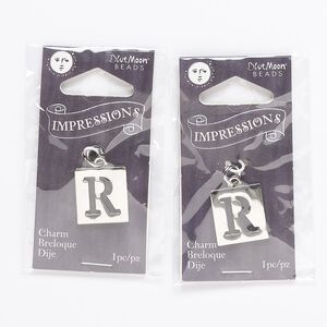 Drop, silver-finished "pewter" (zinc-based alloy) and steel, 16x15mm square with cutout alphabet letter "R." Sold per pkg of 2.