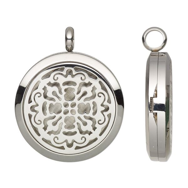 Pendant, Everyday Jewelry, stainless steel, 37x30mm hinged round locket with single-sided cutout mandala and magnetic closure. Sold individually. image number 0