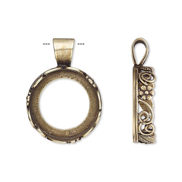 Pendant, JBB Findings, antiqued brass, 25x18mm round with open back and flower and leaf design trim, 16mm round bezel setting. Sold per pkg of 2. image number 0