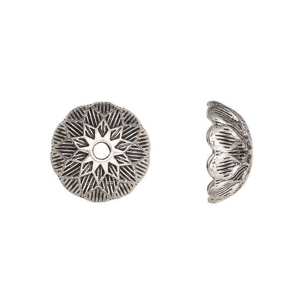 Bead cap, antiqued silver-finished "pewter" (zinc-based alloy), 14x7mm round, fits 14-15mm beads. Sold per pkg of 10. image number 0