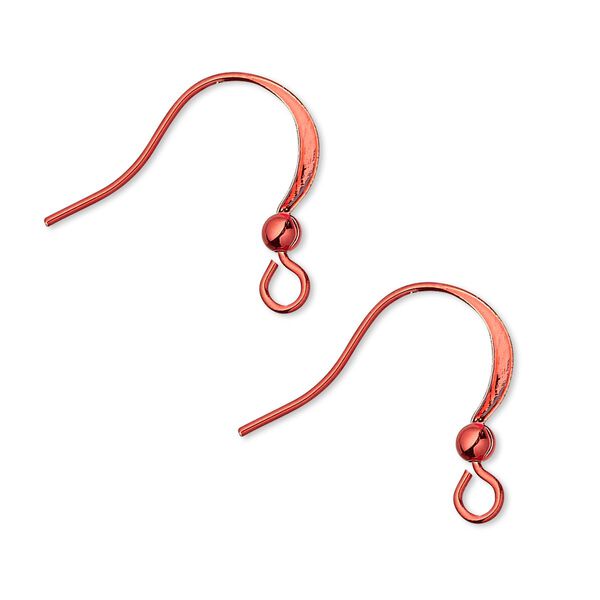 Ear wire, electro-coated brass, red, 19mm flat fishhook with 3mm ball and open loop, 21 gauge. Sold per pkg of 5 pairs. image number 0