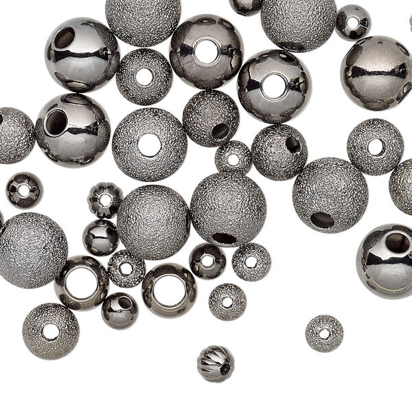 Bead, gunmetal-plated brass, 4-8mm assorted round. Sold per pkg of 50. image number 0