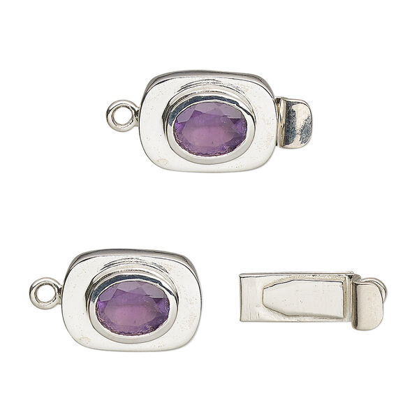 Clasp, tab, amethyst (natural) and sterling silver, 13x10mm oval with 8x6mm faceted oval. Sold individually. image number 0