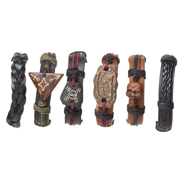 Bracelet mix, leather / bone / agate (natural) / hemp / resin, multicolored, mixed size and shape, adjustable from 5-1/2 to 8-1/2 inches with knot closure. Sold per pkg of 6. image number 0
