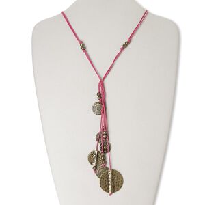 Necklace, waxed cotton cord with antiqued brass-finished "pewter" (zinc-based alloy) and steel, pink, 6-1/2 inch dangle with flat round, 24 inches with lobster claw clasp. Sold individually.