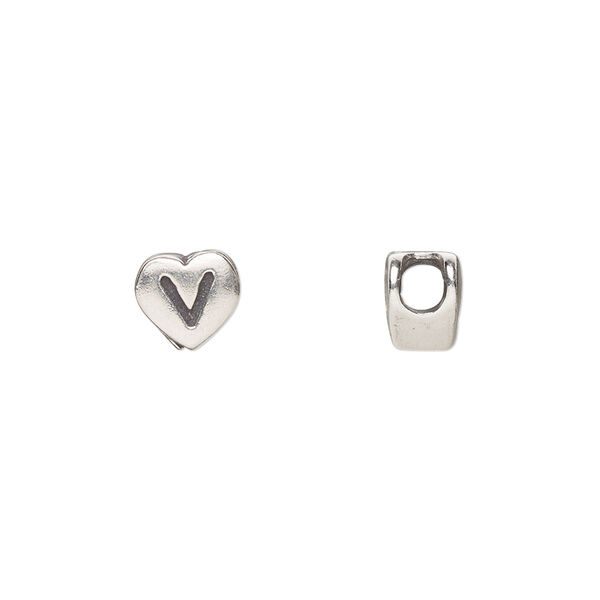 Bead, sterling silver, 7.5x7mm heart with alphabet letter "V." Sold individually. image number 0