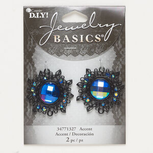 Focal 1pkg2, black-finished "pewter" (zinc-based alloy) and acrylic, blue, 33x30mm fancy round.