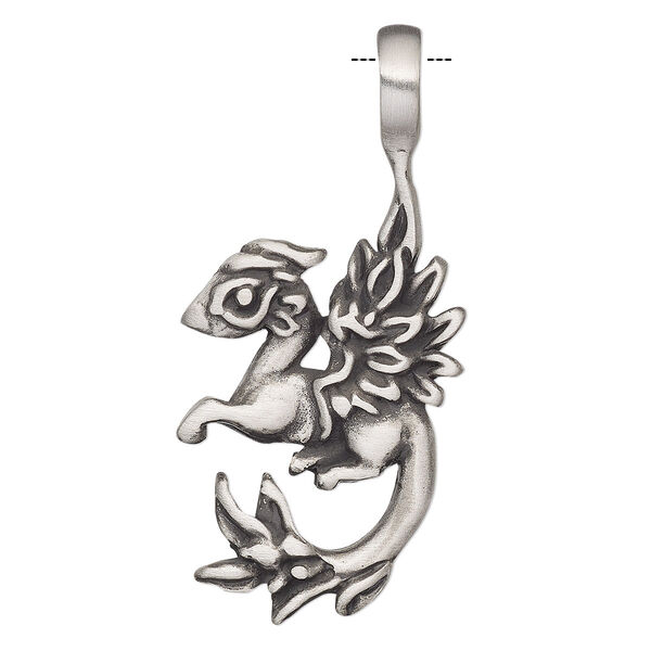 Pendant, Powerful Pewter Pendants, antiqued pewter (tin-based alloy), 52x25mm single-sided baby dragon with 6mm hole. Sold individually. image number 0
