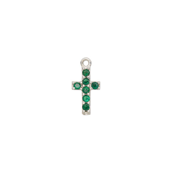 Drop, sterling silver and cubic zirconia, green, 12x7mm cross. Sold individually. image number 0