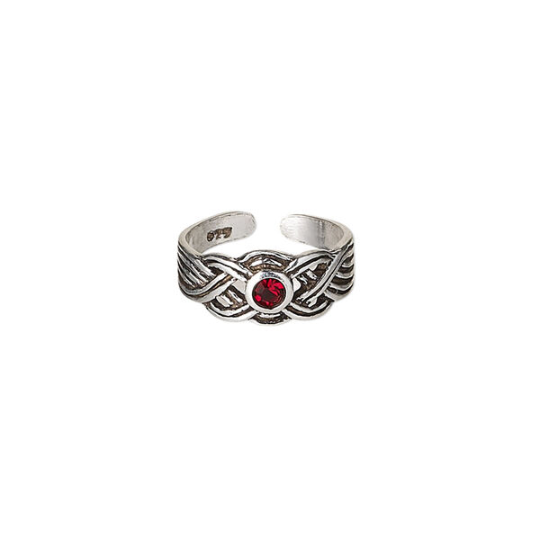 Toe ring, Create Compliments®, antiqued sterling silver and crystal, dark red, 6.5mm wide with Celtic design, adjustable. Sold individually. image number 0