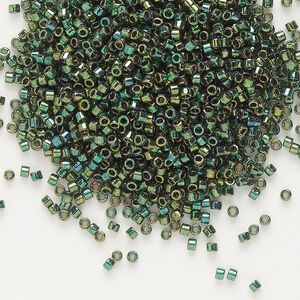 Seed bead, Delica®, glass, pkg/7.5g, #11 round, translucent rainbow gold luster emerald (DB-0125).