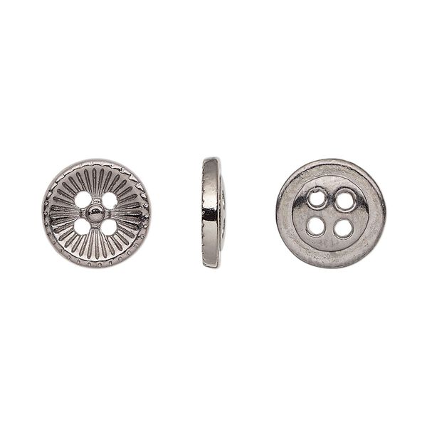 Button, gunmetal-finished "pewter" (zinc-based alloy), 11.5mm single-sided corrugated round. Sold per pkg of 50. image number 0