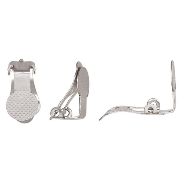 Earring clip-on 1pkg2, 14.5x9mm hinged / textured / flat pad / 9mm round cab setting, stainless steel 1 pair image number 0