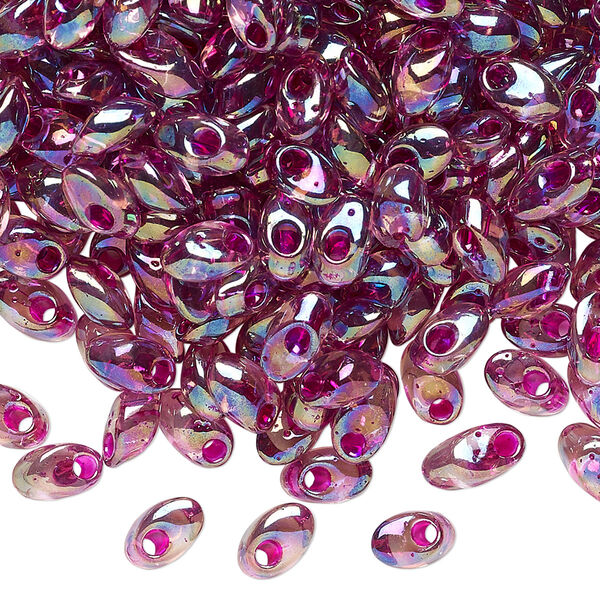 Seed bead, Miyuki, glass, pkg/10g, 7x4mm long magatama, translucent fuchsia inside dyed color smoky amethyst (LMA-2170). image number 0