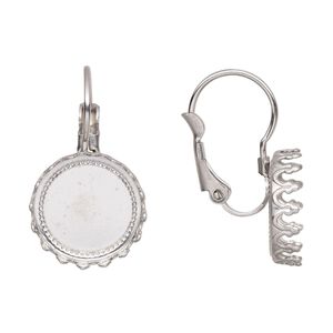 Ear wire leverback 1pkg4, 23mm / 12mm round bezel cab setting, stainless steel 2 pair
