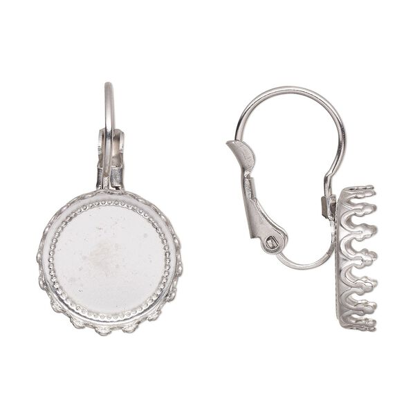 Ear wire leverback 1pkg4, 23mm / 12mm round bezel cab setting, stainless steel 2 pair image number 0