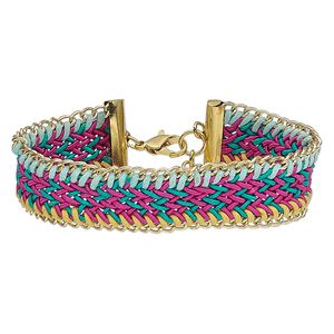 Bracelet, waxed cotton cord / nylon / gold-finished steel, multicolored, 20mm wide with braided design, 8 inches with 1-1/2 inch extender chain and lobster claw clasp. Sold individually.