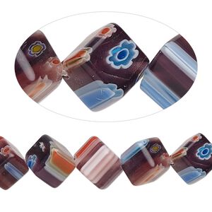 Bead mix, millefiori glass, opaque multicolored, 8mm diagonally-drilled cube with 0.6-0.8mm hole. Sold per 15-inch strand.