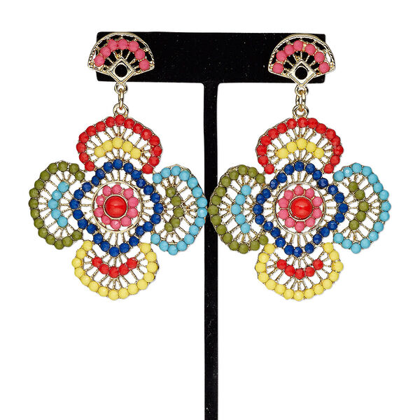 Earring, acrylic rhinestone / steel / antique gold-finished "pewter" (zinc-based alloy), multicolored, 3 inches with flower and post. Sold per pair. image number 0