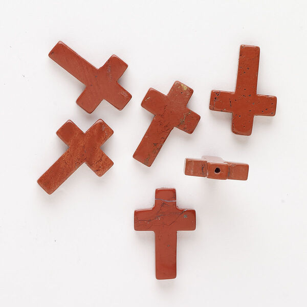 Drop, red jasper (natural), 22x15mm-23x16mm half-drilled cross, B grade, Mohs hardness 6-1/2 to 7. Sold per pkg of 6. image number 0