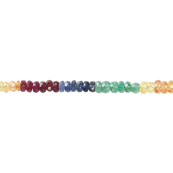 Bead, multi-gemstone (heated / oiled), 2x1mm-4x3mm graduated hand-cut faceted rondelle, B- grade, Mohs hardness 7-1/2 to 9. Sold per 8-inch strand. image number 0