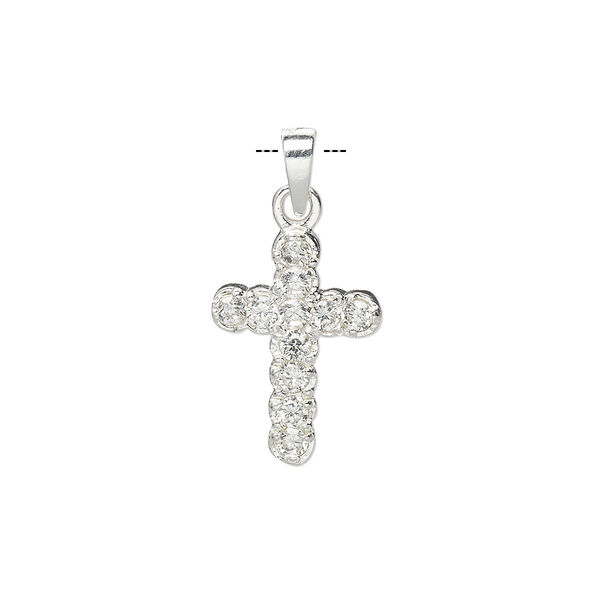 Pendant, Create Compliments, sterling silver and cubic zirconia, clear, 22x12mm single-sided cross. Sold individually. image number 0