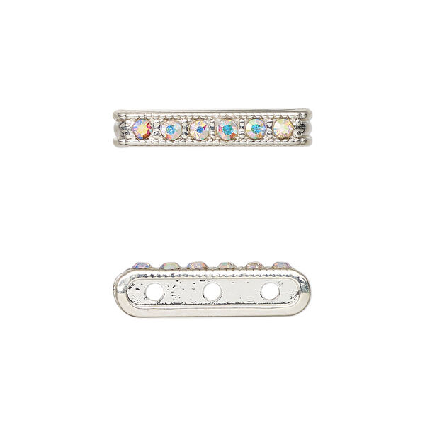 Spacer bar, silver-finished "pewter" (zinc-based alloy) and glass, clear AB , 20.5x4mm, 3-strand with crystals on one side, fits up to 6mm beads. Sold per pkg of 6. image number 0