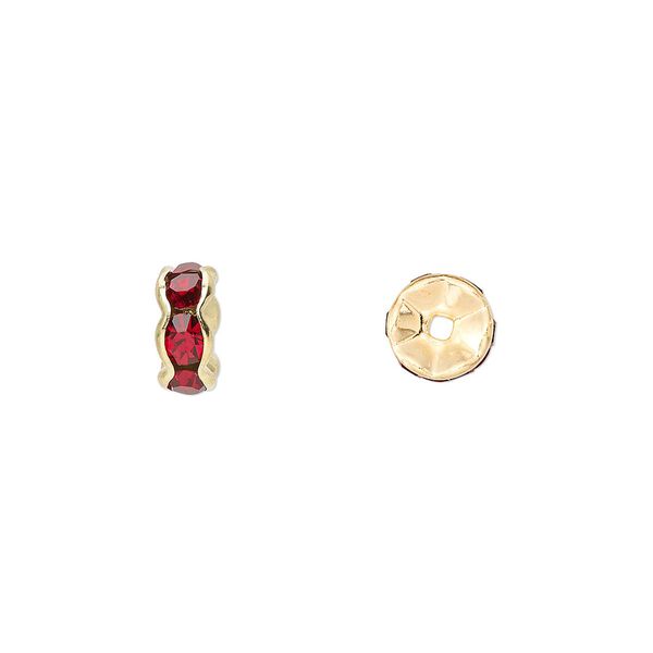 Bead, glass rhinestone and gold-finished brass, garnet red, 7x3.5mm rondelle. Sold per pkg of 10. image number 0