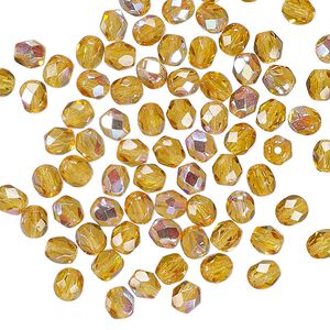 Czech fire-polished glass 1pkg120, faceted round bead translucent honey AB 4mm