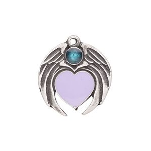 Charm, enamel and antiqued "pewter" (zinc-based alloy), blue and purple, 24x22mm wing and heart. Sold individually.