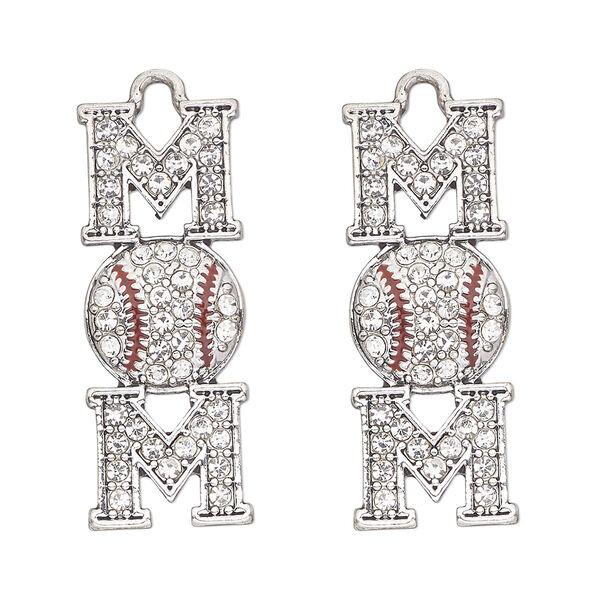 Focal, antique silver-finished "pewter" (zinc-based alloy) and glass, clear and red, 32x12mm single-sided mom and baseball. Sold per pkg of 2. image number 0